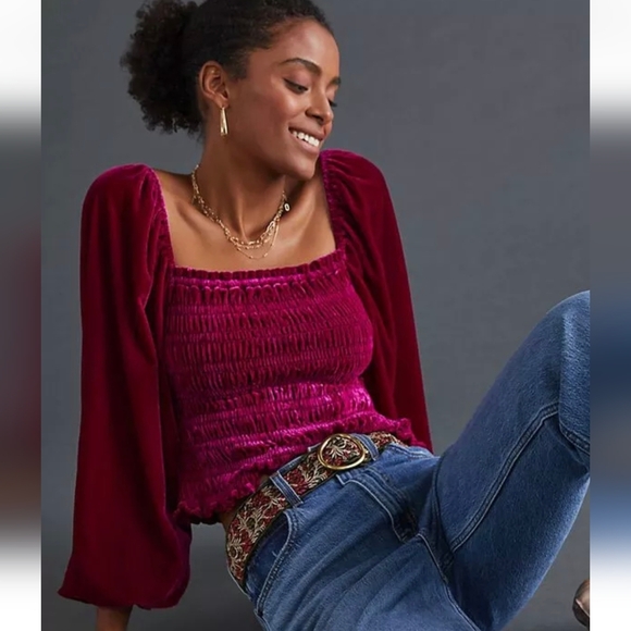 Anthropologie Tops - Anthropologie Raspberry Magenta Deep‎ Pink Velvet Smocked Long Sleeve Top XXS